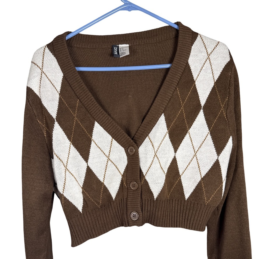 Divided Brown and White Argyle Cardigan